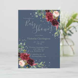 Convite Borgonha Elegante Blush Rosa Floral Azul Bebê