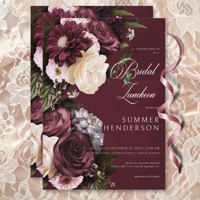 Convite Borgonha Elegante Escura e Almoço Floral de Cream (Dark Elegant Burgundy & Cream Floral Bridal Lunch Invitation)