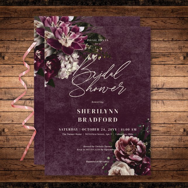 Convite Borgonha Elegante Escura e Chá de panela Floral Br (Dark Elegant Burgundy & White Floral Bridal Shower Invitation)