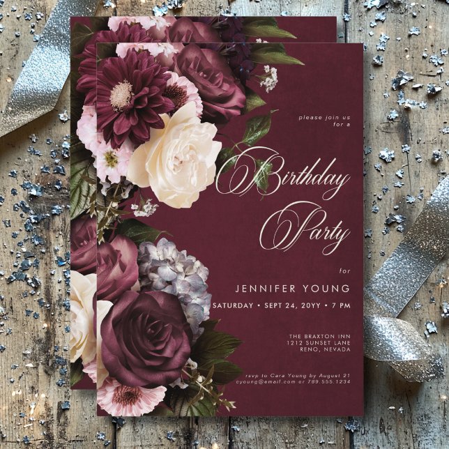 Convite Borgonha Elegante Escura e Creme Floral Aniversári (Dark Elegant Burgundy & Cream Floral Birthday Invitation)