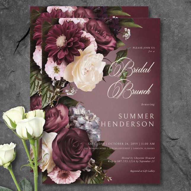 Convite Borgonha Escura e Cream Blur Bridal Bridal Brunch (Dark Burgundy & Cream Blur Floral Bridal Brunch Invitation)