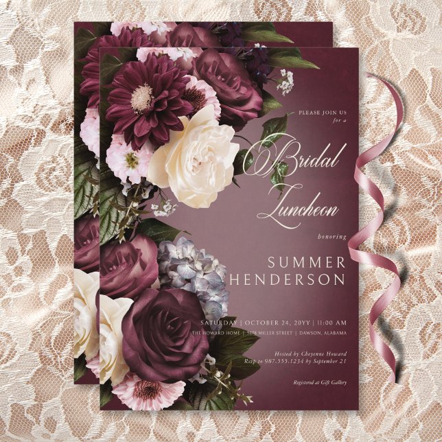 Convite Borgonha Escura e Cream Blur Floral Bridal (Dark Burgundy & Cream Blur Floral Bridal Luncheon Invitation)