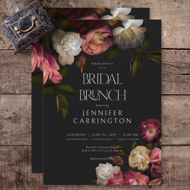 Convite Borgonha Escura e Creme Peonies Negra Bridal Brunc (Dark Burgundy & Cream Peonies Black Bridal Brunch Invitation)