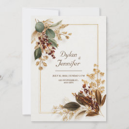 Convite Borgonha Eucalipto Dourado Flores Secas Casamento