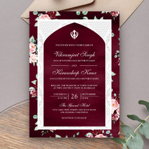 Convite Borgonha Floral Anand Karaj Casamento Sikh Punjabi