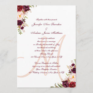 Convite Borgonha floral cora casamento elegante do