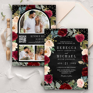 Convite Borgonha Floral de Pêssego Código QR Preto Casamen