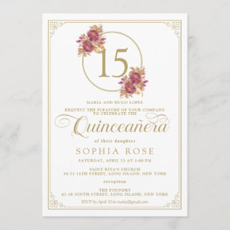 Convite Borgonha Floral Elegante e Quinceanera Dourada