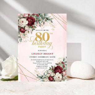 Convite Borgonha Flores Vermelho Dourado 80 Anos de Idade