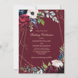 Convite Borgonha | Marinho Azul Floral Casamento Geométric