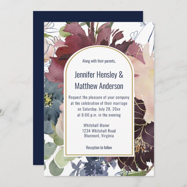 Convite Borgonha, Marinho, Rosa, e Dourada Casamento Flora (Frente/Verso)