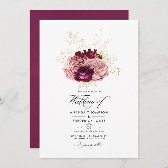 Convite Borgonha - Marsala Blush Pink e Dourado Casamento (Frente/Verso)