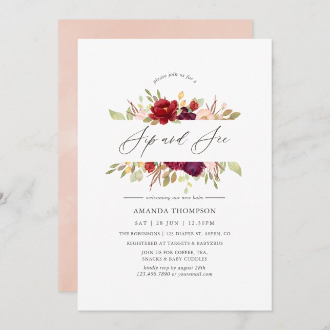 Convite Borgonha - Marsala e Blush Floral Sip and See (Frente/Verso)