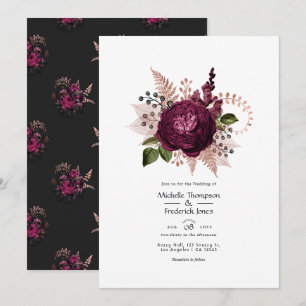 Convite Borgonha - Marsala e Casamento Floral Dourado Rosa