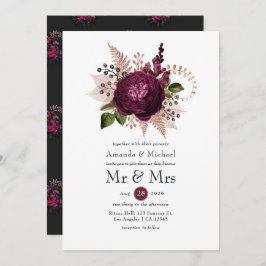 Convite Borgonha - Marsala e Casamento Floral Dourado Rosa