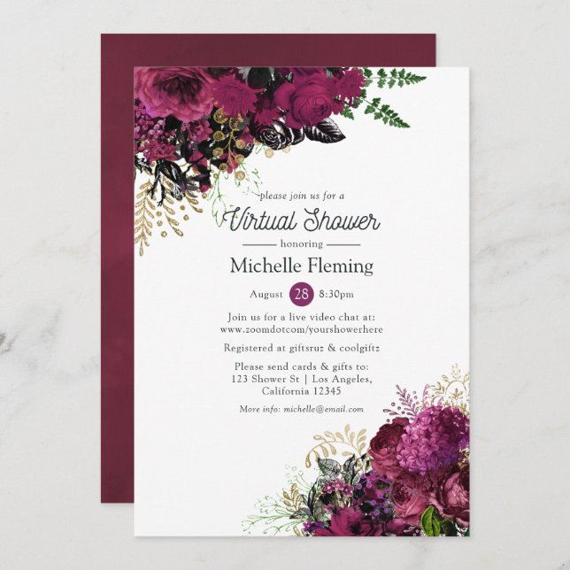 Convite Borgonha - Marsala e Chá de panela Virtual Dourado (Frente/Verso)