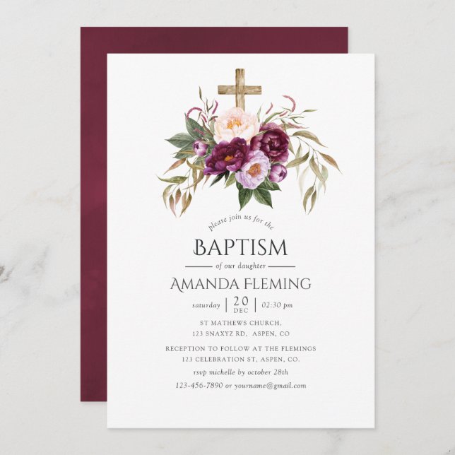 Convite Borgonha/Marsala e Peach Baptism ou Christening (Frente/Verso)