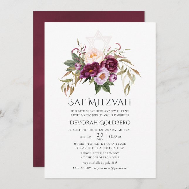 Convite Borgonha - Marsala e Peach Bat Mitzvah (Frente/Verso)