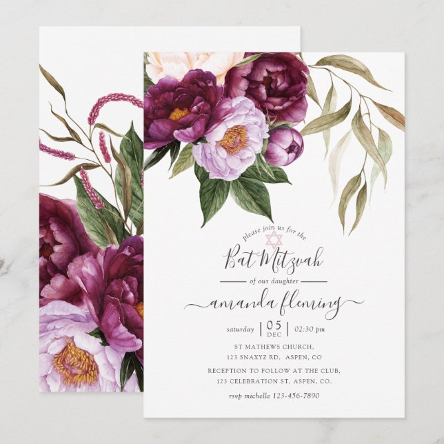 Convite Borgonha - Marsala e Peach Floral Bat Mitzvah (Frente/Verso)