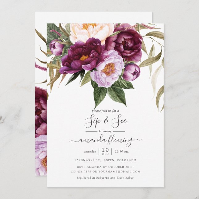 Convite Borgonha - Marsala e Peach Floral Sip and See (Frente/Verso)