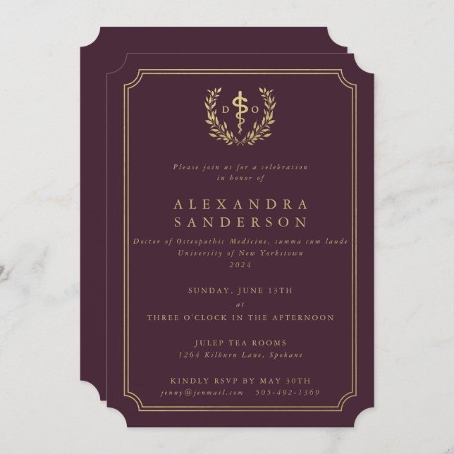 Convite Borgonha/Médico Dourado de Osteopatia Formando Med (Frente/Verso)