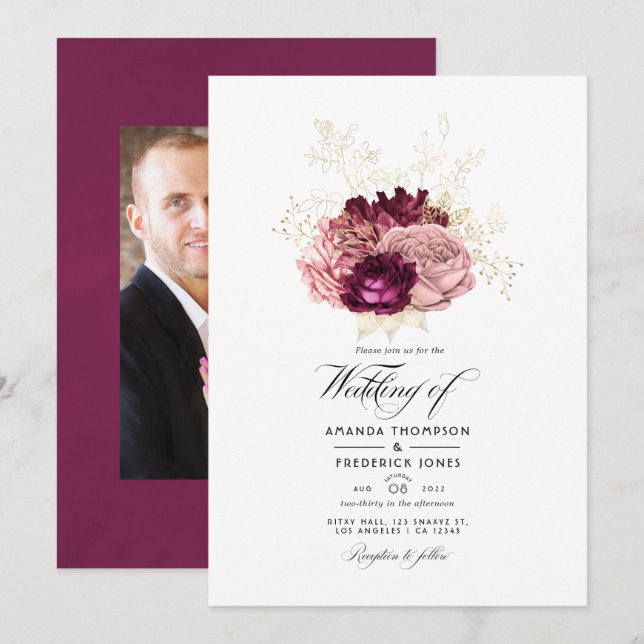 Convite Borgonha - Noiva Rosa e Dourado Casamento Marsala (Frente/Verso)
