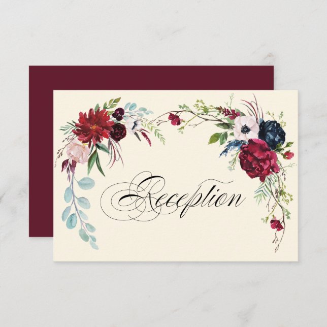 Convite Borgonha | Placa Recepção de casamento Floral Azul (Frente/Verso)