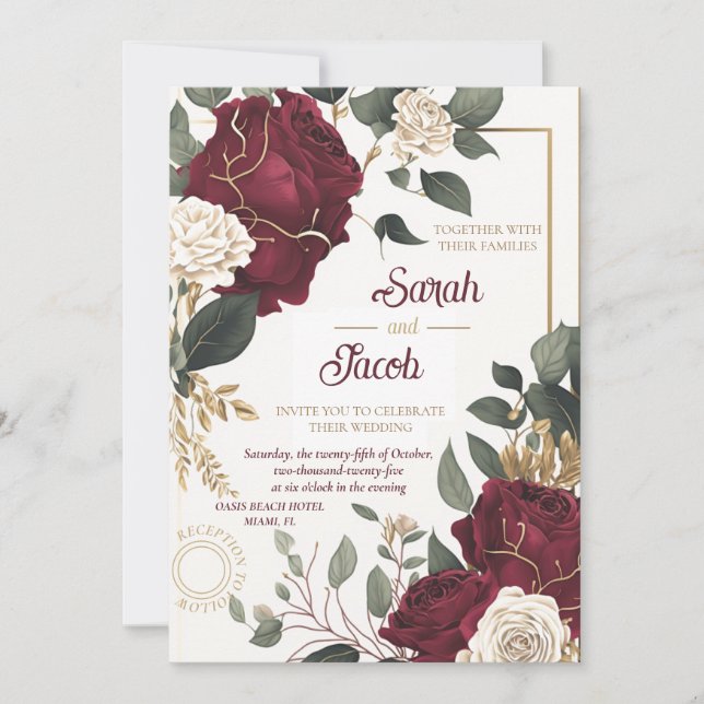 Convite Borgonha Rosa Branco Floral Dourado Casamento Eleg (Frente)