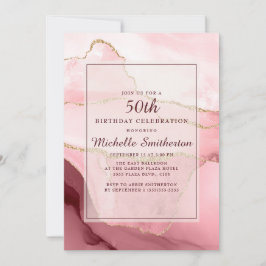 Convite Borgonha rosa Dourada Marble Agate 50º Aniversário