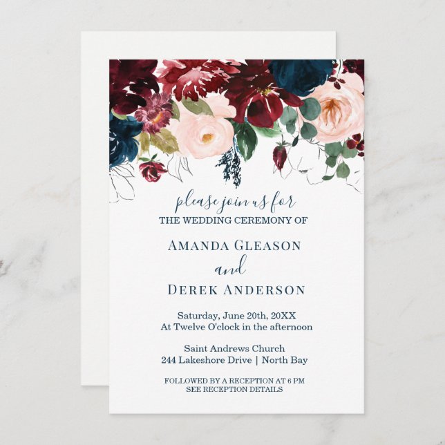 Convite Borgonha, Rosa e Meia-Noite Azul Almofada I (Frente/Verso)