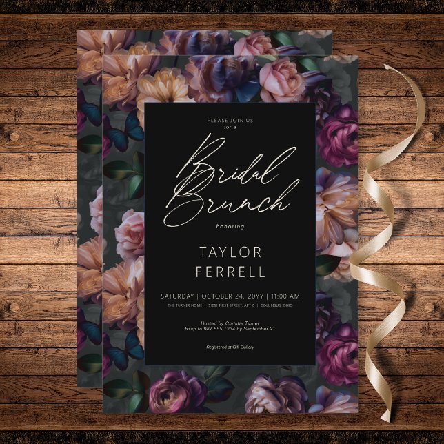 Convite Borgonha Rosa Escuro e Bridal Floral Dourada Brunc (Dark Pink Burgundy & Gold Floral Bridal Brunch Invitation)