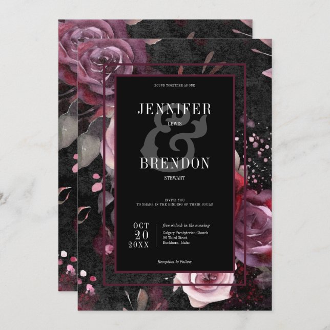 Convite Borgonha Rosa Gótica Escura e Floral Preto (Frente/Verso)