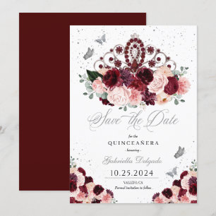 Convite Borgonha Rosa Tiara Salve A Data Quinceañera