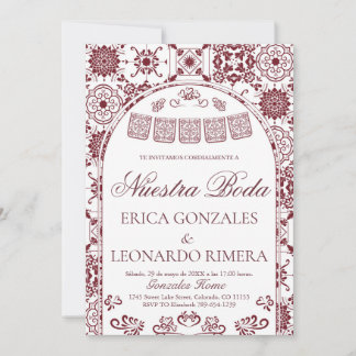 Convite Borgonha Talavera Papel Picado Casamento Espanhol