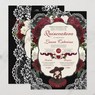 Convite Borgonha Vermelha Negra Floral Elegante Charro Qui