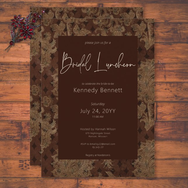 Convite Borgonha Vitoriana Escura Damask Bridal Luncheon (Dark Victorian Burgundy Damask Bridal Luncheon Invitation)