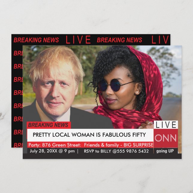 Convite Boris Johnson's 50th Birthday Funny TV News (Frente/Verso)