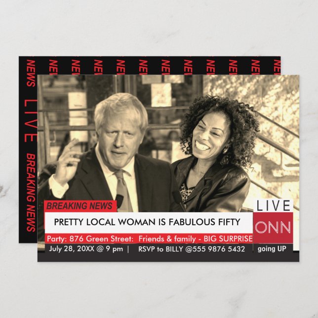 Convite Boris Johnson's 50th Birthday Funny TV News (Frente/Verso)