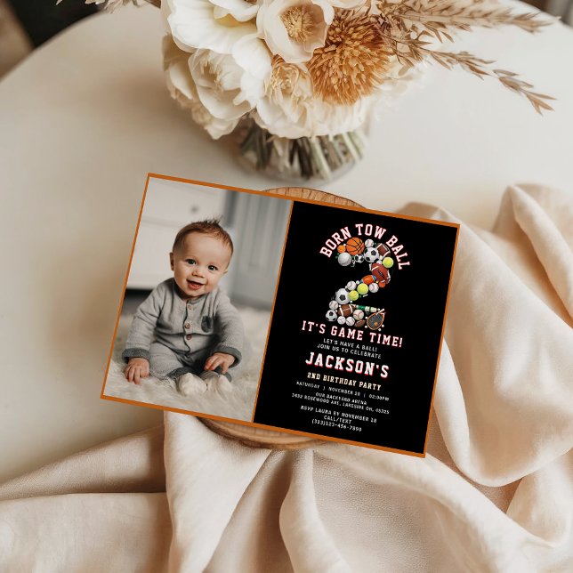 Convite Born 2 Ball Sport Themed Boy 2nd Birthday Party (Born 2 Ball Sport Themed Boy 2nd Birthday Party Invitation
)