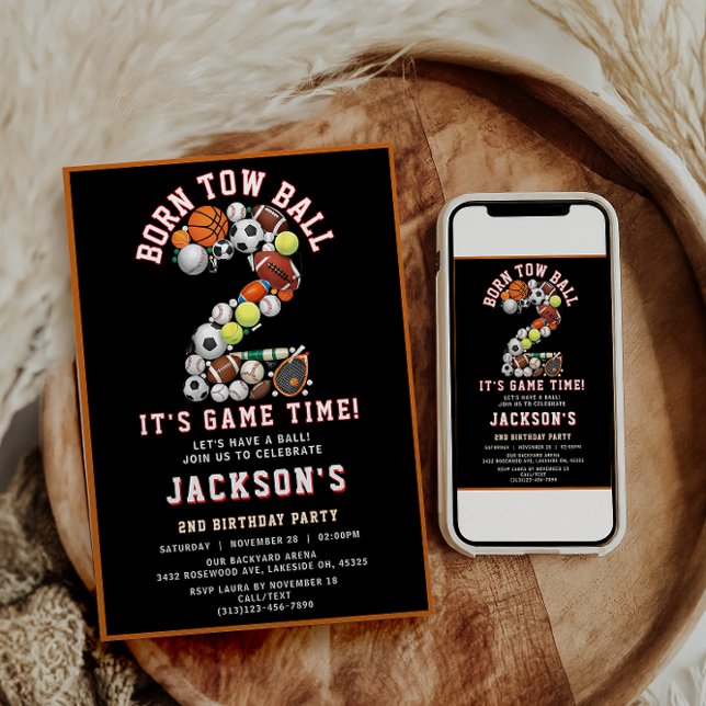 Convite Born 2 Ball Sport Themed Boy 2nd Birthday Party (Born 2 Ball Sport Themed Boy 2nd Birthday Party Invitation)