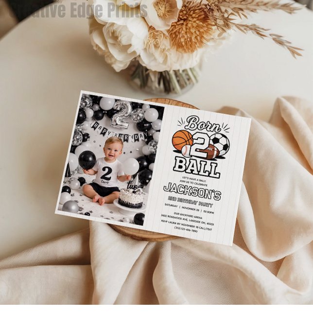 Convite Born 2 Ball Sports Themed Boy 2nd Birthday Party (Born 2 Ball Sports Themed Boy 2nd Birthday Party Invitation
)