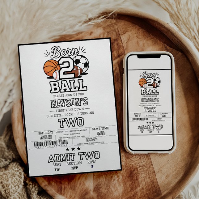 Convite Born 2 Ball Sports Themed Boy 2nd Birthday Party (Born 2 Ball Sports Themed Boy 2nd Birthday Party Invitation
)