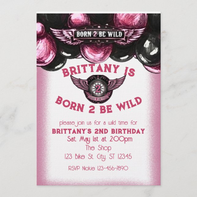 Convite Born 2 Be Wild Pink, Black Motorcycle 2nd Birthday (Frente)