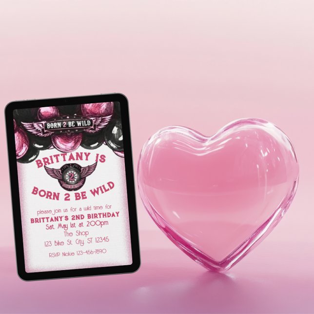Convite Born 2 Be Wild Pink, Black Motorcycle 2nd Birthday (Criador carregado)