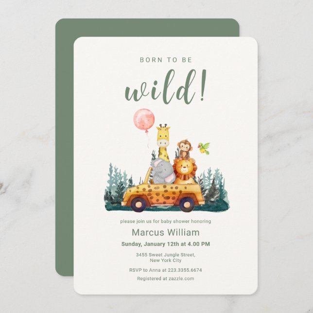 Convite Born To Be Wild Safari Animals Baby Shower  (Frente/Verso)