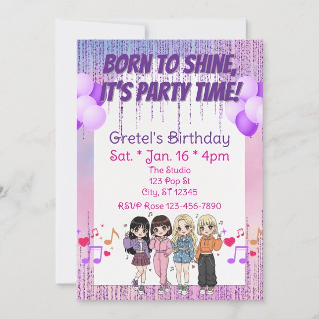 Convite Born to Shine, Party Time, KPOP Girl Band Birthday (Frente)