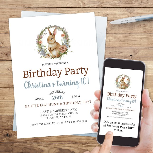 Convite Borninho Coelho Bonito Páscoa de Aquarela Aniversá (cute easter theme birthday party invitation with bunny rabbit and floral wreath for girl or boy)