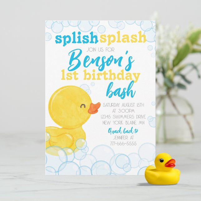 Convite Borracha Pato Espalhar Pato Pato Pato Pato Pato Pa (Splish Splash Watercolor Rubber Duck 1st Birthday Party Invitations)