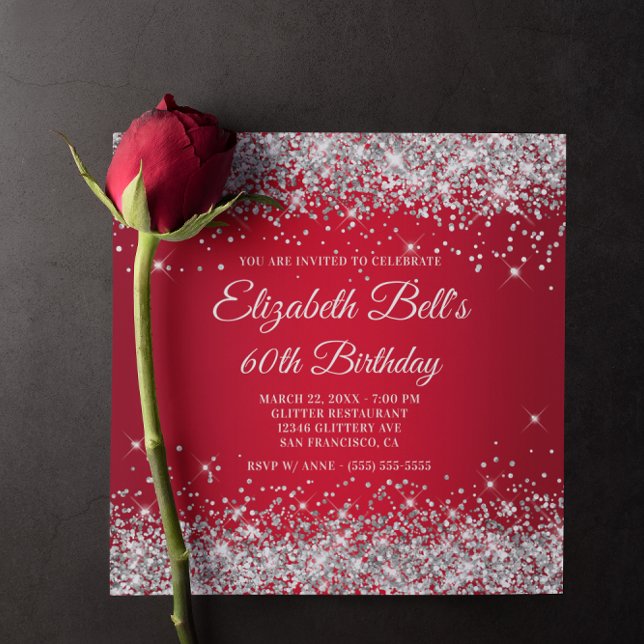 Convite Borracha Vermelha Espardoura, Brilhante, 60º anive (Red Birthday Invitation)