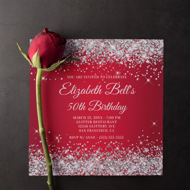 Convite Borracha Vermelha Espartosa, Brilhante, 50º Aniver (Sparkly Silver Glitter Red Ombre Birthday Invitation)